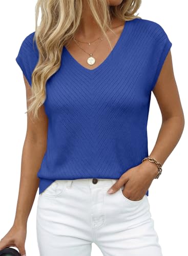 Image of Dokotoo Sweaters for Women 2026 Summer Eyelet Cap Sleeve Knitted Vest V Neck Business Casual Loose Pullover Tank Tops