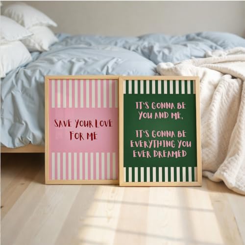 Image of Suneree Aesthetic Quote Wall Art Set of 2 Framed Paintings | Pink Green Striped Typography Poster | Couple Bedroom Living Room Home Decor (Art 5, 13x19 Inches)