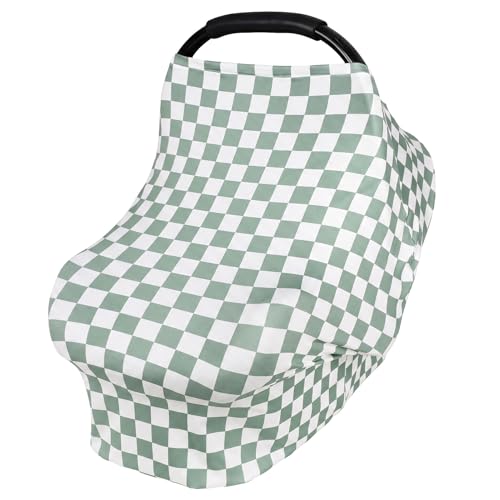 Image of TANOFAR Car Seat Cover for Baby, Multi-Use Cover Carseat Canopy, High Stretchy & Breathable Infant Carseat Cover, Shower Gifts for Unisex Boys and Girls, Green Checkered