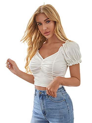 Floerns Women's Sweetheart Neck Puff Sleeve Ruched Crop Top Blouse White S #TOP2