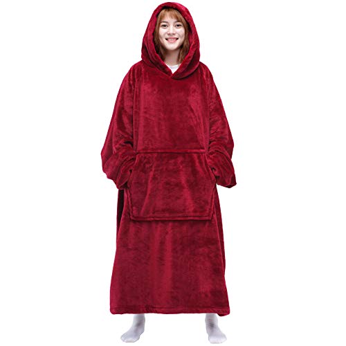Waitu Coperta e felpa indossabile per uomini e donne, super calda e comoda, coperta gigante con cappuccio, coperta in flanella spessa con maniche e tasca gigante, colore: rosso