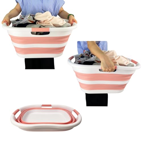 Image of SAMMART 40L (10.5 gallon) Set of 2 Collapsible Plastic Laundry Hamper - Foldable Pop Up Storage Container /Organizer - Portable Washing Tub - Space Saving Basket (2, White /Quartz Pink)