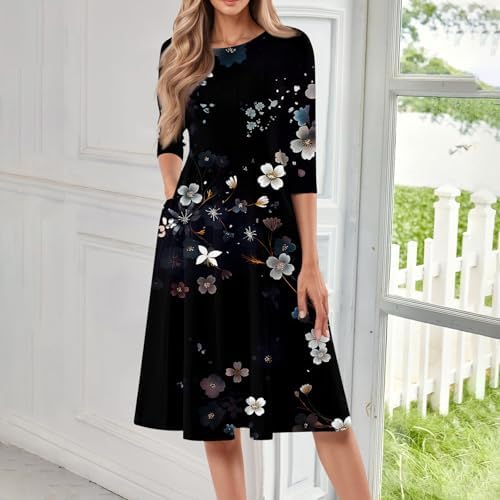 Womens Midi Dress Summer 3/4 Length Sleeve Crewneck Jamaica | Ubuy
