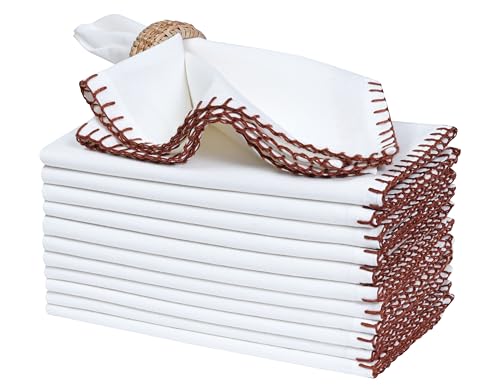 Bedding Craft Cotton Cloth Dinner Napkins Set of 12 – 18x18 Chili Oil Red Cloth Napkins with Blanket Stitch Selvedge – Washable Fabric Napkins for Wedding Tables, Banquets, Parties & Restaurants