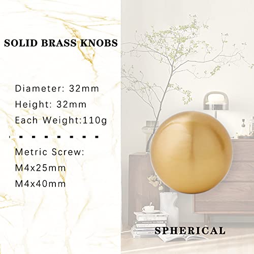 Rzdeal 4Pcs 1-1/4" Solid Brass Cabinet Knobs Brushed Gold Ball Furniture Door Hardware Handles And Pulls #TOP1