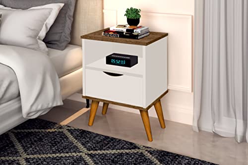 Conjunto 2 Mesa De Cabeceira Estilo Retrô Pés Em Madeira Maciça Grécia (Off White/Canela)