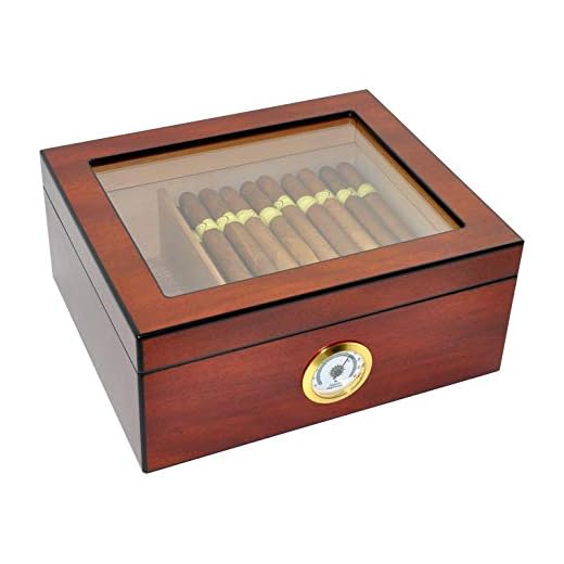 DUCIHBA Desktop Humidor Case Holds 25-50 Cigar, Tempered Glass Top Display, Handcraft Spanish Cedar Wood Storage Box with Divider, Humidifier and Hygrometer, Sapele Cherry Finish