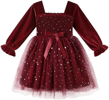YOUNGER TREE Toddler Tutu Dress Girls Long Sleeve Tulle Holiday Birthday Party Princess Dresses Fall Winter Clothes(12-18 Months,Burgundy)