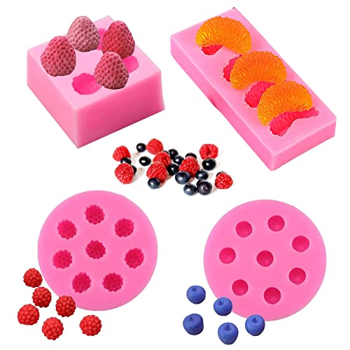 LHKK 4 Stück 3D Obstförmige Silikonformen für Süßigkeiten, Fondant, 3D-Mini-Erdbeere, Orange, Blaubeere, Himbeere, Traube, Schokolade, Kuchen, Gelee, Formen zum Backen, Cupcake-Topper Dekorationen Cover