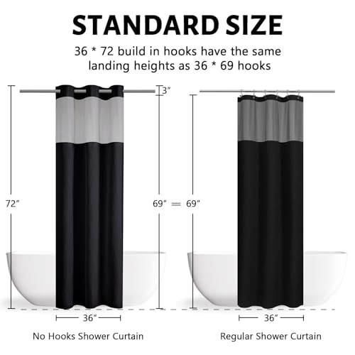 Image of Furlinic No Hook Waffle Weave Shower Curtain with Snap in Liner Set,Heavy Duty Fabric Textured Bathroom Curtain with Sheer Window,Waterproof & Machine Washable,Black,Stall Size 36x72 Inch