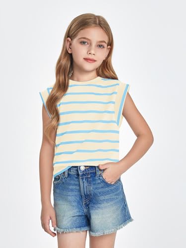 Image of Haloumoning Girls Cap Sleeve T Shirts Summer Striped Tank Tops Tees 4-14 Years