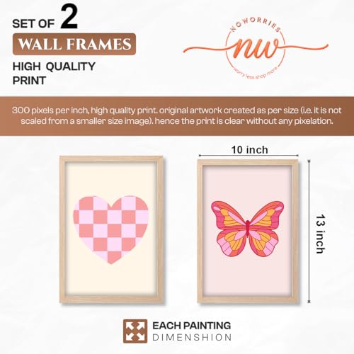 Image of NoWorries Pink Aesthetic Heart & Butterfly Wall Art Framed Painting Set | Cute Minimal Art Prints | Premium 300 GSM Paper Print with Synthetic Wooden Frame | Modern Wall Decor for Bedroom, Living Room, Girls Room & Studio (Set of 2) (NATURAL, ART-3, 10X13INCHES)