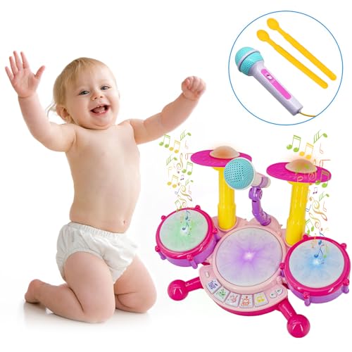 Image of Pink Drum Set for Girls - Kids Musical Instrument Kit | Pink Drum Set for Girls, Kids Musical Instrument Kit, Electronic Drum Toy for Ages 18 Months and Up
