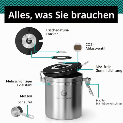 Coffee Gator Kaffeedose Edelstahl, Luftdicht Vorratsdose mit Deckel, Datum Tracker, CO2-Freigabeventil, Messlöffel, für Kaffeebohnen… – Ansicht 4