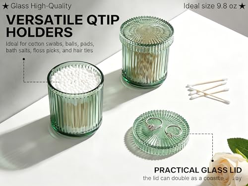 ESEHGS 2 Pack Glass Qtip Holder Dispenser Set - Bathroom Organizer for Cotton Swabs, Balls, Pads, Floss Picks - Clear Apothecary Jars for Vanity, Makeup Storage, Bathroom Accessories Decor (Green) by ESEHGS - Image 5