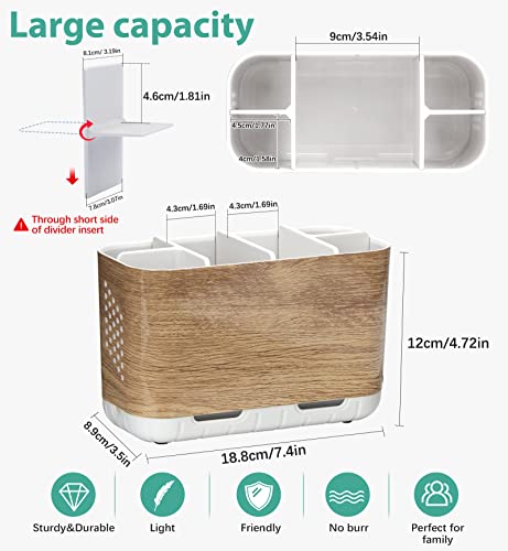 Boperzi Toothbrush And Toothpaste Holder Wood Grain For Bathroom Countertop With Adjustable Dividers, Toothpaste Caddy Organizer Storage Rustic Set Anti-Slip For Shower,Kitchen,Farmhouse,Family,Kids #TOP4