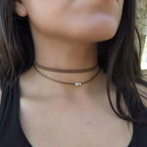Inateannal Boho Geschichtet Wildleder Choker Halskette Braun Leder Seil Schnur Halskette Kette Gothic Kurze Wildleder Perlen Kragen Halsketten Schmuck Für Frauen