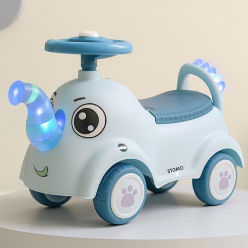 Image of Storio Elephant Baby Ride-On Car Toy with Light and Music - Navy Blue | Push Car for Kids with Backrest & Steering, 1-3 Years