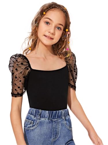 SOLY HUX Girl's Contrast Mesh Puff Short Sleeve Tee Square Neck T Shirt Top