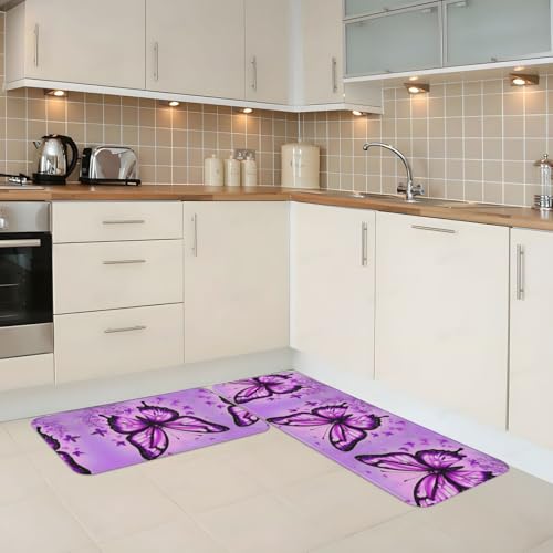 Juego de 2 alfombrillas de cocina con mariposas moradas, pack antideslizante 6