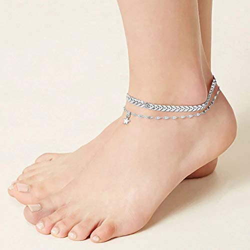 Preisvergleich Produktbild Jovono Multilayered Fishbone Fußkettchen Boho Star Fußkettchen Armbänder Mode Strand Fuß Schmuck für Frauen und Mädchen (silber)
