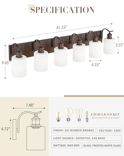 Image of Modern 6-Light Vanity Fixture with Frosted Glass, Wall Mount Over Mirror, Oil Rubbed Bronze,VL01ORBW-6