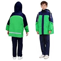 FILOWA Waterproof Suit Kids Boys Lightweight Jacket and Waterproof Trouser Set Breathable Raincoat Hooded Rain Coat & Pants with Button Rainwear Hiking Rain Suit for Teenager 13-14 Years, Green