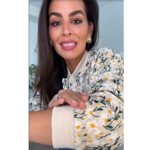 Shiyifa Women's Embroidered Daisy Cropped Bomber Jacket Long Sleeve Quilted Puffer Jackets Padded Coat Outerwear2