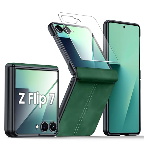 BSNRM for Samsung Galaxy Z Flip 7 Case with Hinge Protection & Built-in Screen Protector, Ultra Thin Stylish Leather Matte PC Durable Shockproof Cover Phone Case for Galaxy Z Flip 7-Green