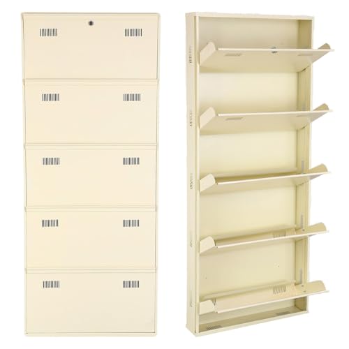 Image of Metal Shoe Rack Wall Mounted for Home with Central Locking | 5 Door 28 inch Wall Mounted Metal 15 Pair Shoe Rack Cabinet | Pre-Assembled Rack Shelves | 3 Year Warranty (Ivory)