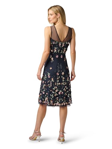 Image of Adrianna Papell Women's Floral Beaded Knee Length Dress with Sheer Neckline