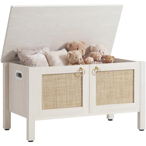 Image of SICOTAS Rattan Storage Bench Boho Storage Chest with 2 Safety Hinges | Wood Storage Truck Box for Bedroom, Living Room, Entryway, Supports 220 lb, White Oak
