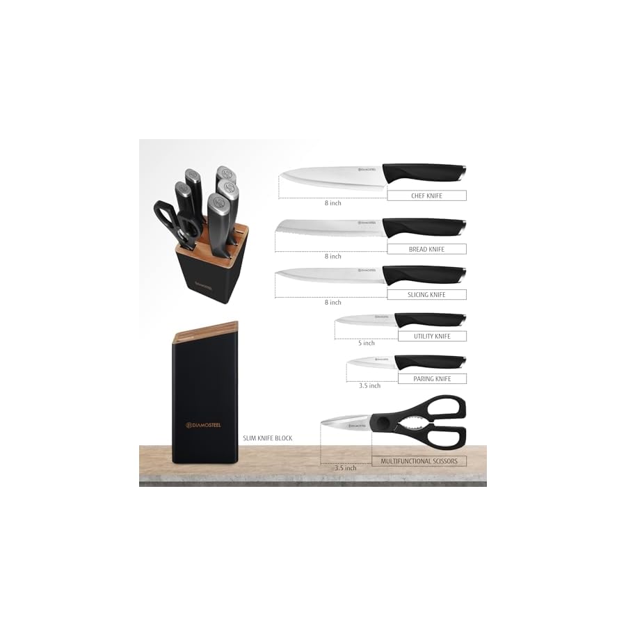 Black-Knife-Set-with-Block-7-Pieces-Sharp-Knife-Block-Set-with-Stainless-Steel-Blade-and-Ergonomic-Handle-Chef-Slicing-Bread-Utility-Paring-Knife-Kitchen-Scissors-and-Wooden-Block Diamosteel Black Knife Set with Block, 7 Pieces Sharp Knife Block Set with Stainless Steel Blade and Ergonomic Handle, Chef, Slicing, Bread, Utility, Paring Knife, Kitchen Scissors and Wooden Block