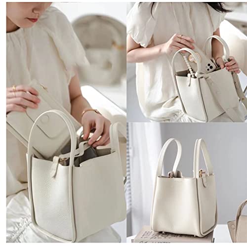Image of Women's Medium Size Vegetable Basket Bag - Large Capacity Cowhide Shoulder Bag - Beige