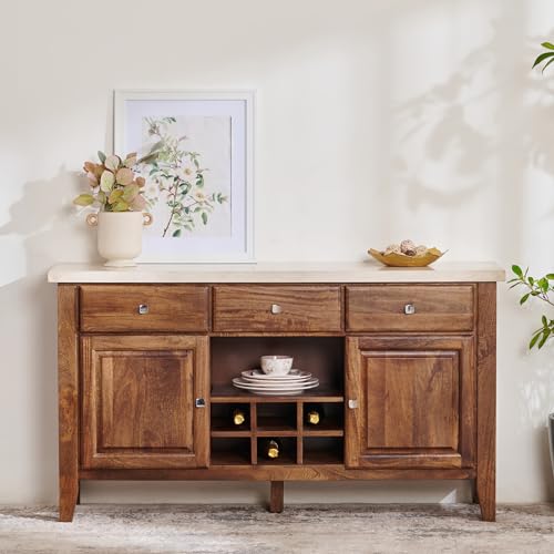 Image of Home Centre | Giza Composite Marble Top Sideboard | Storage Cabinet for Home | Solid Wood | Beige | 1 Year Warranty