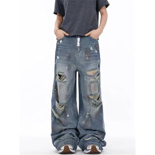 Men's High-Waisted Blue Jeans, Y2K Streetwear Style, Wide Leg, Ripped Denim Pants for Fall2
