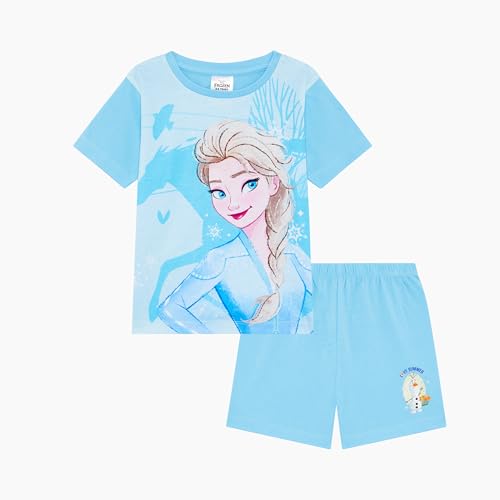 Image of Disney Frozen, Girls 2 Piece Shortie Summer Pyjamas Set Featuring Elsa and Olaf, Children's Short Sleeve Pyjamas, Blue, Age 5-6 Years