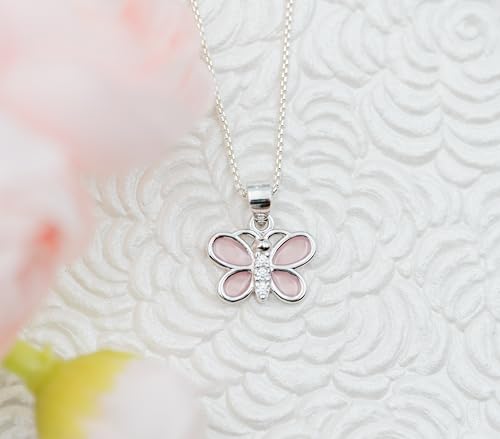 Cherished Moments Children's Sterling Silver Pink Butterfly with Sparkling CZs Necklace for Little Girls, Kids, and Toddlers, 14"3