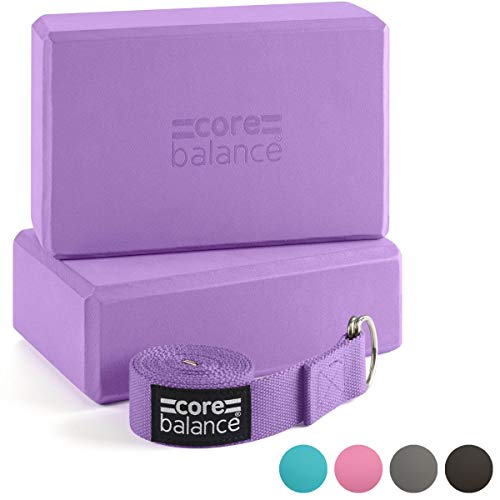 CORE BALANCE Set Bloque Espuma Yoga con Correa - Ladrillo Soporte De Yoga Pilates. Alta Densidad, Resistente, Firme, Ligero - Correa Algodón con Hebilla D Gratis, 5 Colores