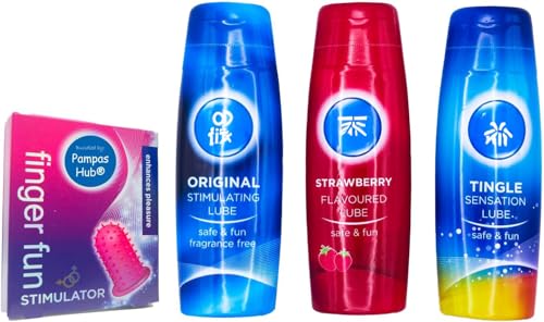 Intimate Lubricant Set 3 x 75ml Water-Based Gel Lubes with Finger Fun Stimulator to Enhance Pleasure Includes Original Tingle Strawberry Flavoured Bundled by PampasHub