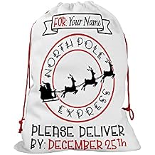 Bleu Reign BRGiftShop Personalized Custom Name North Pole Express Reindeers Christmas Delivery Reusable Christmas Santa Sack Gift Stocking Bag