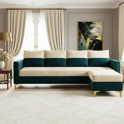 Image of FURNY Canvora 5 Seater L Shape Sofa Set with Movable Ottoman | Flexible Left or Right Layout | Plush Velvet Fabric (Cream-Greenish Teal) | Perfect for Living Room, Guest Room & Office