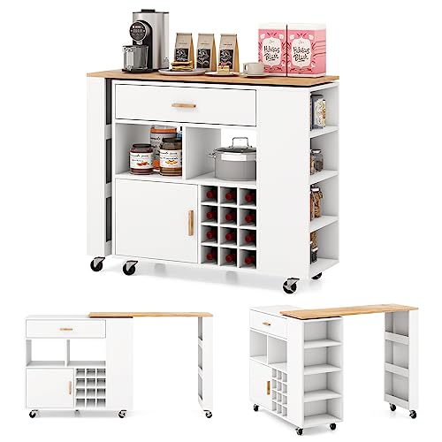 GOPLUS Isla de Cocina con Mesa Giratoria, Carro de Cocina con Ruedas, Armario, Botellero, Cajón, Especiero, Ruedas Giratorias y Bloqueables 360°, 120x40x100cm (Blanco)