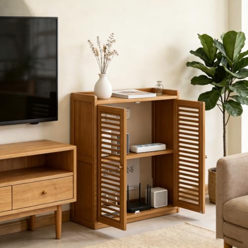 Image of WiFi Router Storage Cabinet with Louvered Doors,Adjustable Shelves,Multi-Functional Hidden Storage Cabinet,for Living Room,Office,Small Households