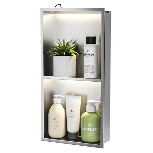 Bernkot Wandnische Dusche Edelstahl mit LED, Unterputz Duschregal, Zweilagige Wandnische Bad Nische Duschnische 60cm×30cm, Keine Fliesen erforderlich, Silber