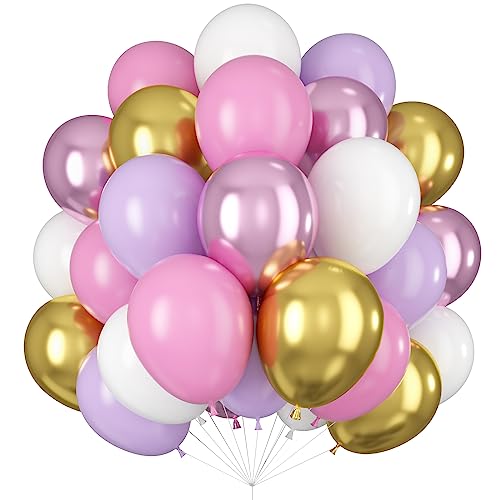 Image of Balloons Purple Pink White Gold Balloon 60pcs 12inch Pastel Purple Pink Latex Balloons Lavender Lilac Balloon for Butterfly Birthday Princess Theme Party Decoration Bridal Baby Shower Bachelorette
