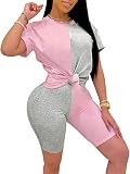 Women Casual 2 Piece Jumpsuits Round Neck Color Block Tunic Top Short Bodycon Pants Tracksuit Sets P