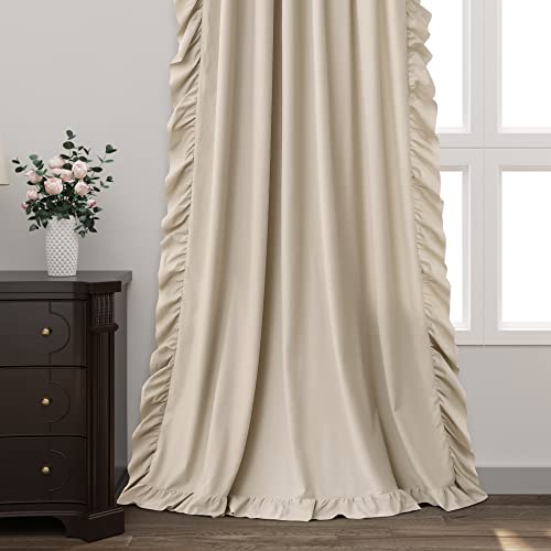 Tan Beige Ruffle Curtains 84 Inches Long 2 Panels Set For Dinning Room, Rod Pocket Light Filtering Window Curtains Shabby Chic Farmhouse Bedroom Decor French Country Drapes Pretty Luxury Fancy Look #TOP4