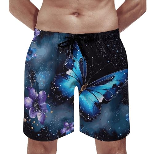 Galaxy Blue Butterfly Mens Swim Trunks Quick Dry Hawaii Bathing Suit Board Shorts with Mesh Lining-