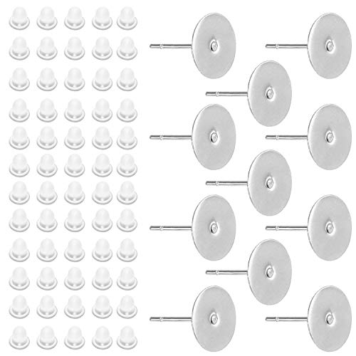 TOAOB 100 Pairs 10mm Hypoallergenic Stainless Steel Earring Posts Flat Pad Blanks Pin Studs and Clear Rubber Earring Backs Jewelry Making Findings